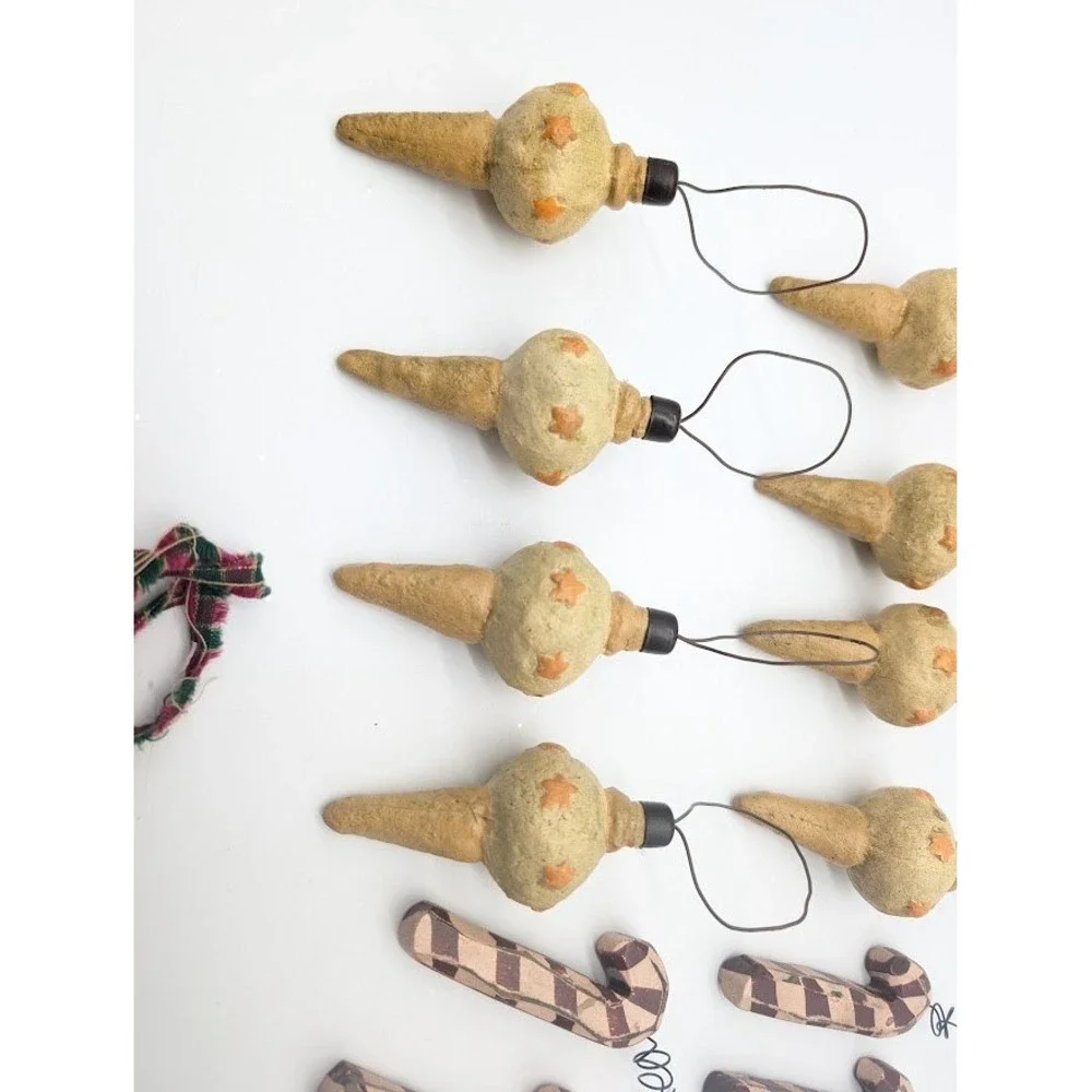 13 Lot Primitive Wood Candy Cane & Bauble Christmas Ornaments Rustic Farmhouse